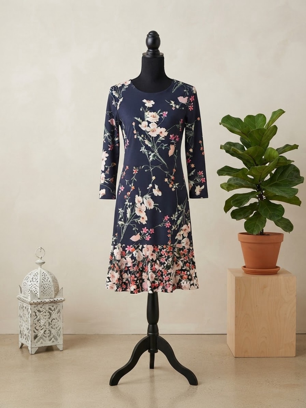 Eliza J Navy Floral Midi Dress with Ruffle Hem